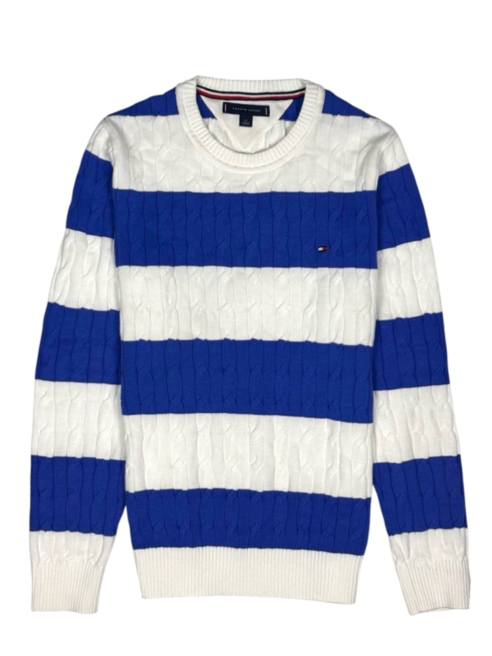 Men's Tommy Hilfiger Cable Knit Crewneck Sweater, Size S, Blue and White
